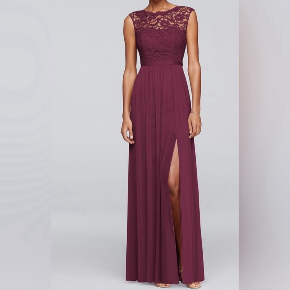 David’s Bridal long wine-coloured bridesmaid dress (HEMMED)